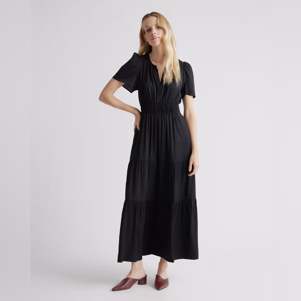 Quince Silk Tiered Maxi Dress Small Black